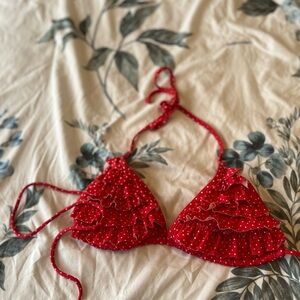 Black Poppy Red Polka Dot Ruffle Triangle Bikini Top